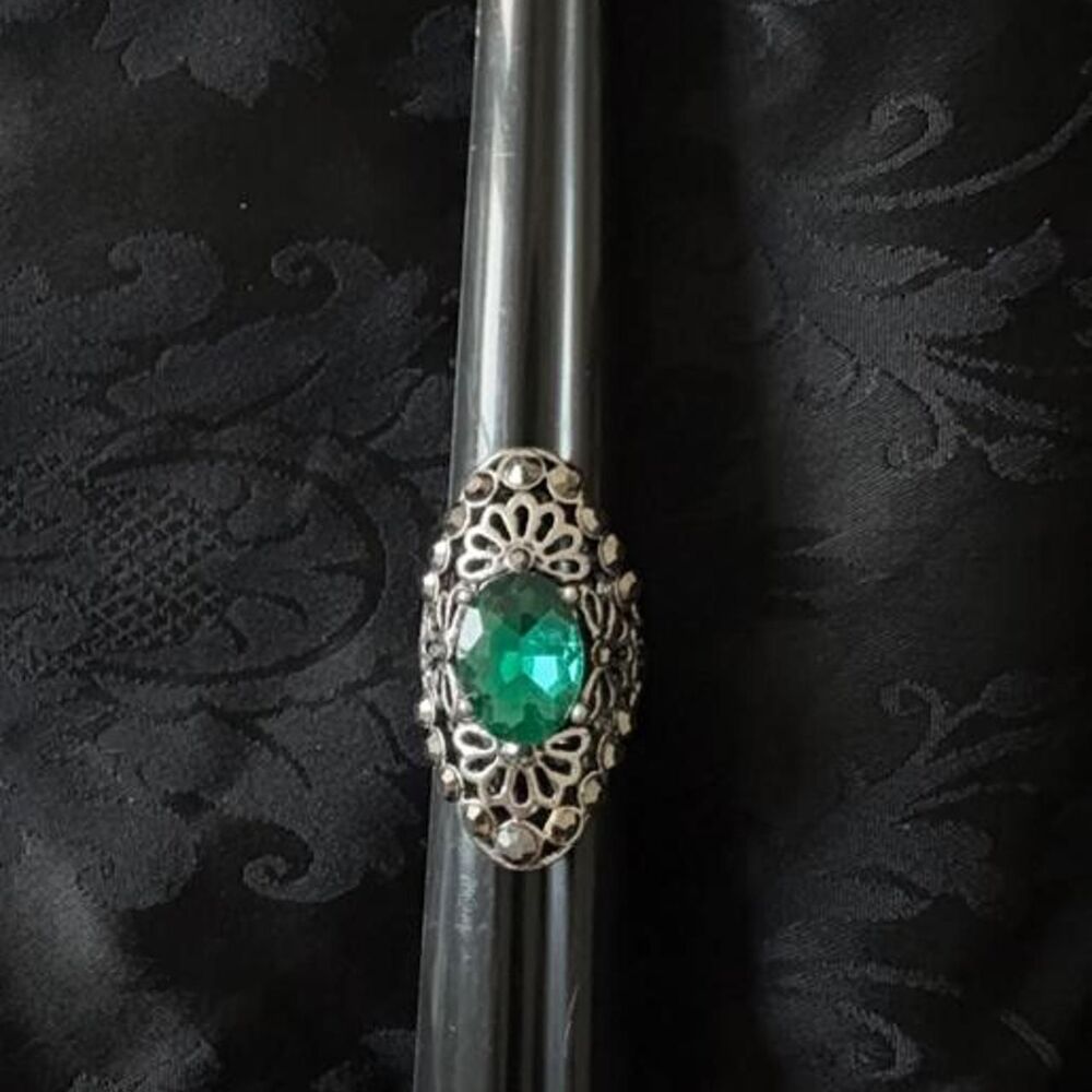 Silver and Green Gothic Costume Ring